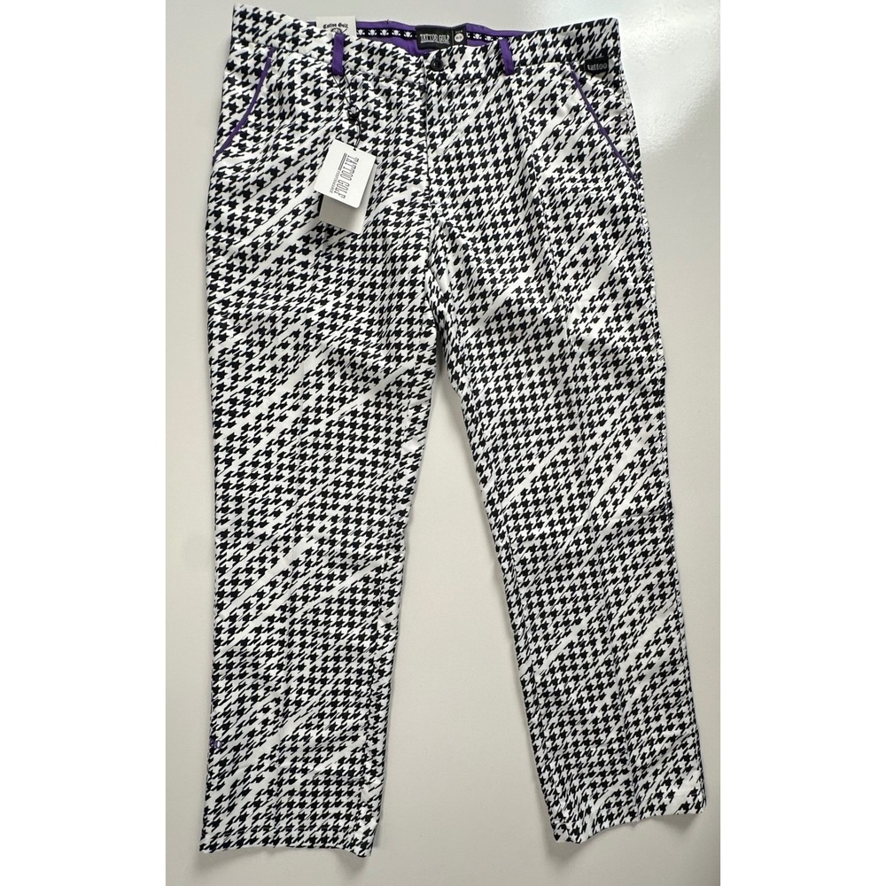 Tattoo Golf Performance Houndstooth Pants Purple Black White Size 36/32 Skull